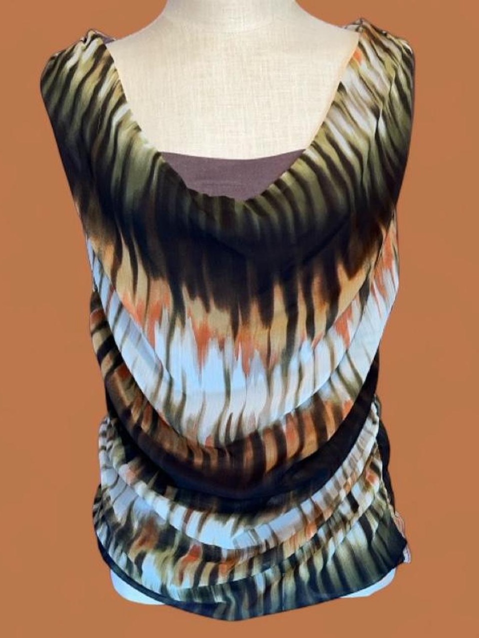 Ruched Cowl-Neck Sleeveless Tank In Brown Multi Made In Italy By Inizio